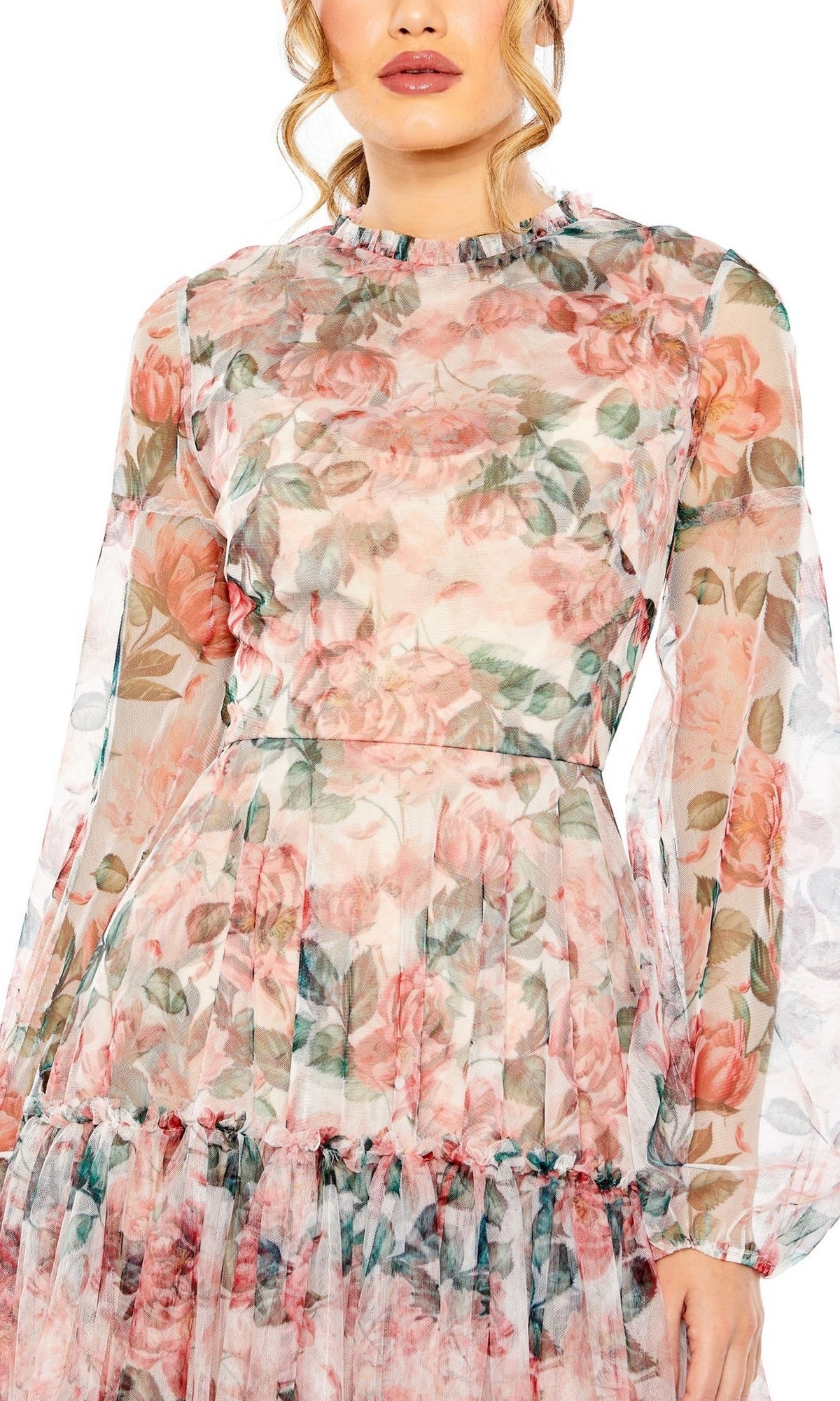 A woman wears the Mac Duggal 11405 Floral-Print Midi Party Dress with long sleeves, a high neckline, and a pleated skirt; her face is partially visible.
